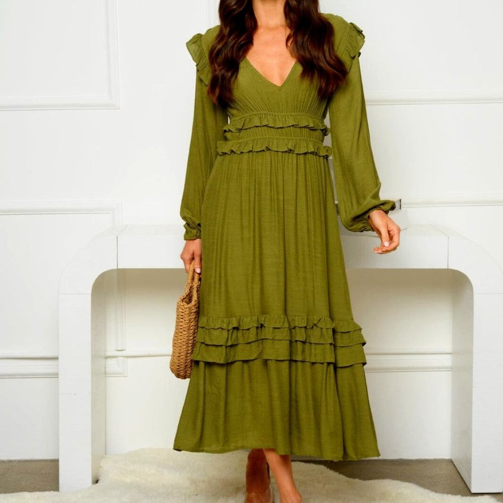 NWT PAPERMOON Long Sleeve V-Neck Ruffle Maxi Dress Olive